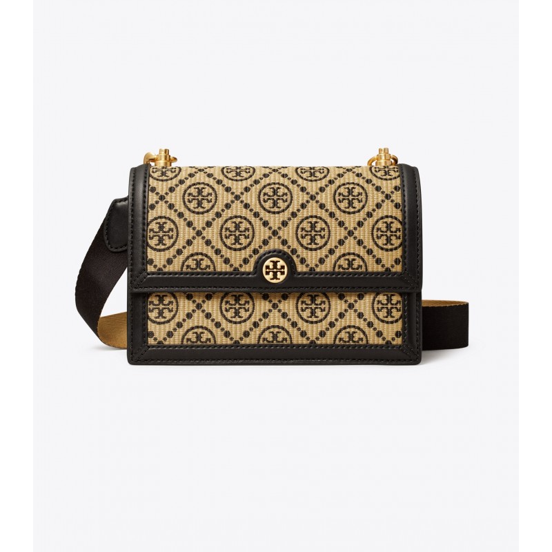 T Monogram Raffia Small Shoulder Bag