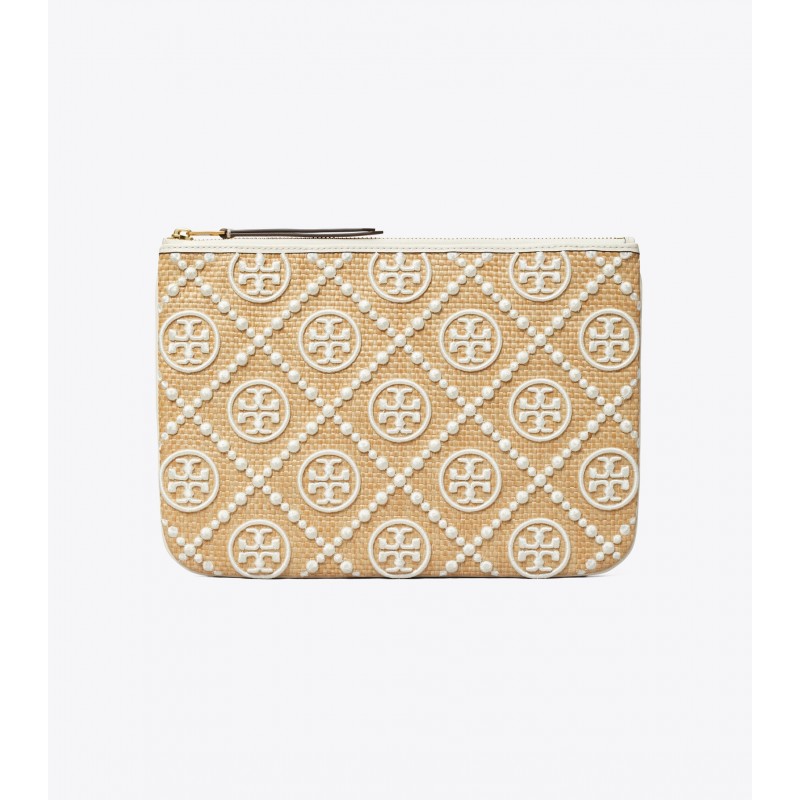 T Monogram Embroidred Straw Pouch