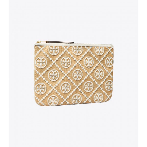 T Monogram Embroidred Straw Pouch