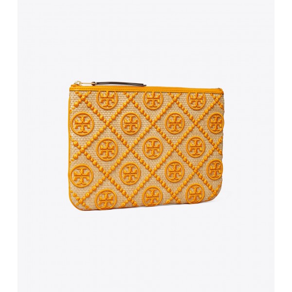 T Monogram Embroidred Straw Pouch