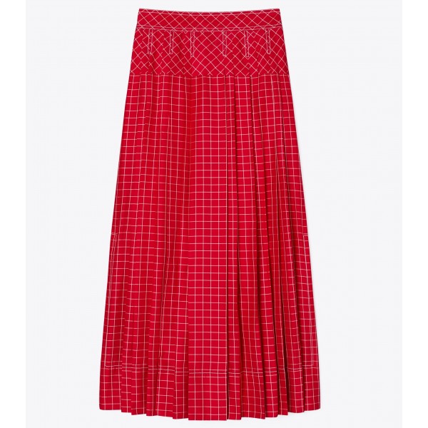 Windowpane Silk Pleated Skirt