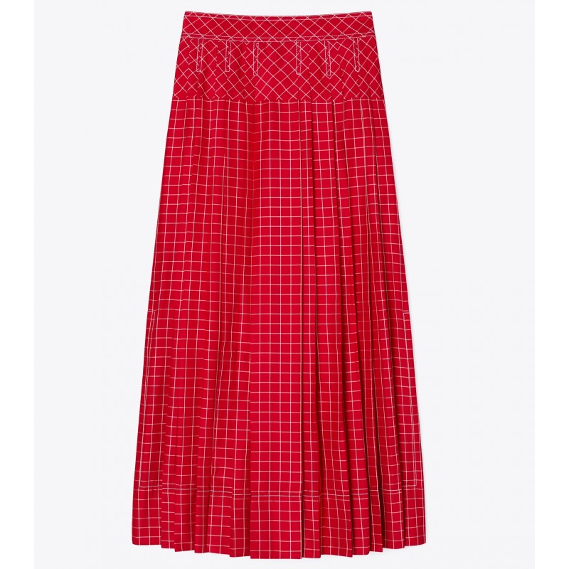 Windowpane Silk Pleated Skirt
