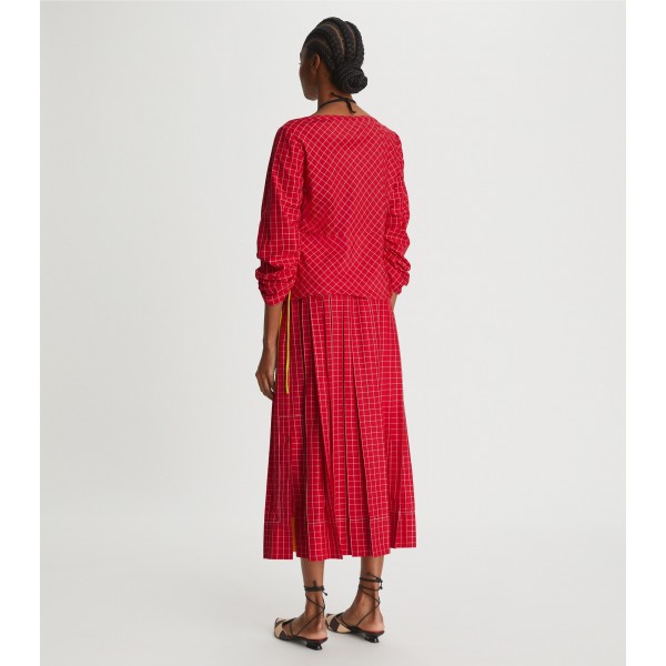 Windowpane Silk Pleated Skirt