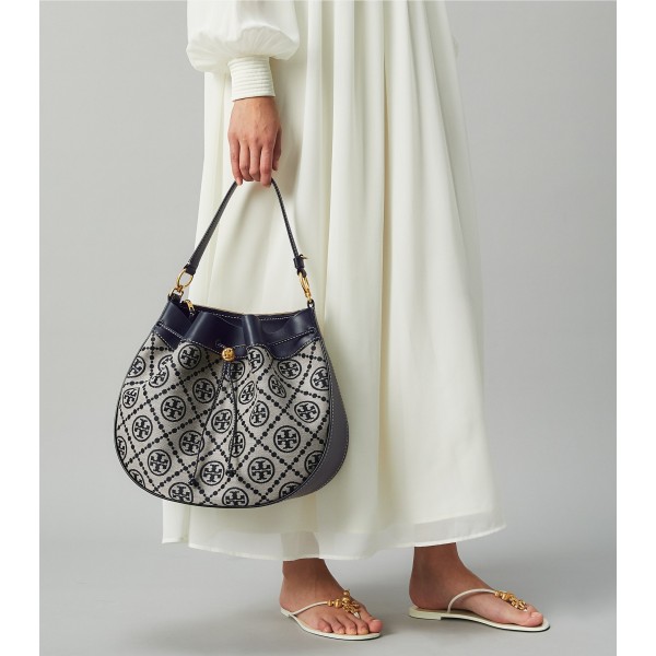 T Monogram Jacquard Drawstring Shoulder Bag