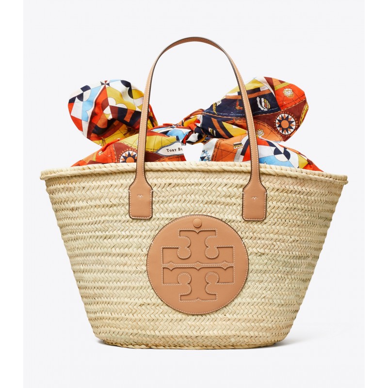 Ella Printed Straw Basket Tote Bag