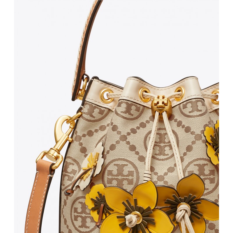 T Monogram Braided Floral Bucket Bag